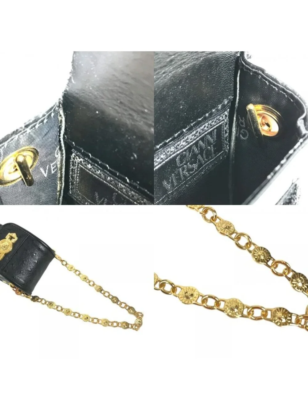 Versace Handbag Sunburst Logo Mobile Pouch Vintage Embossed Leather Black